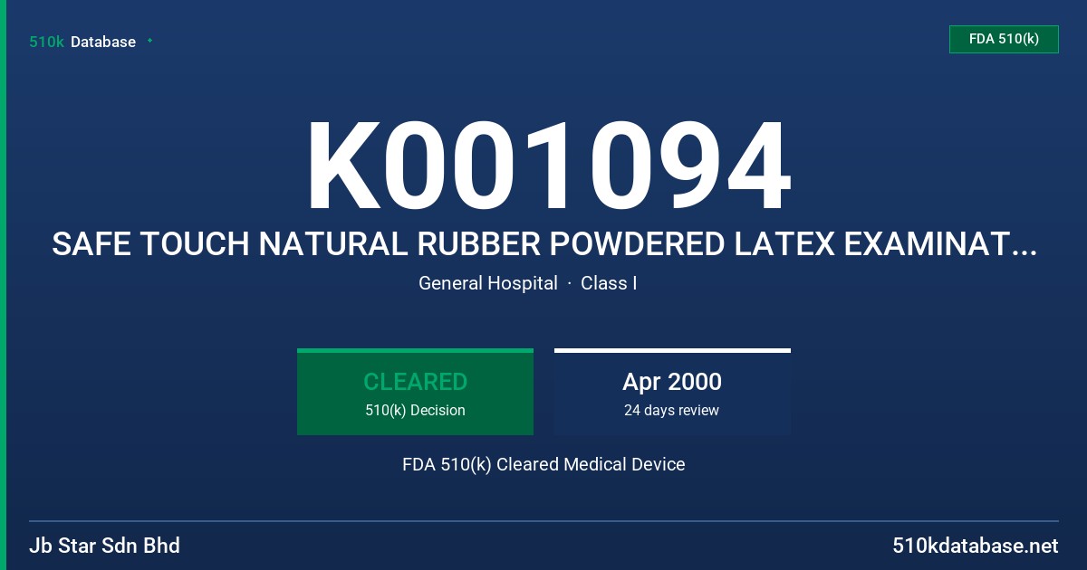 K001094 SAFE TOUCH NATURAL RUBBER POWDERED LATEX EXAMINATION GLOVES FDA 510(k) Cleared Medical Device