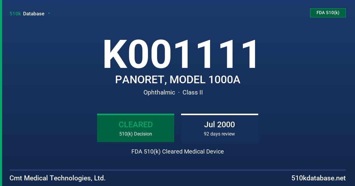 K001111 PANORET, MODEL 1000A FDA 510(k) Cleared Medical Device
