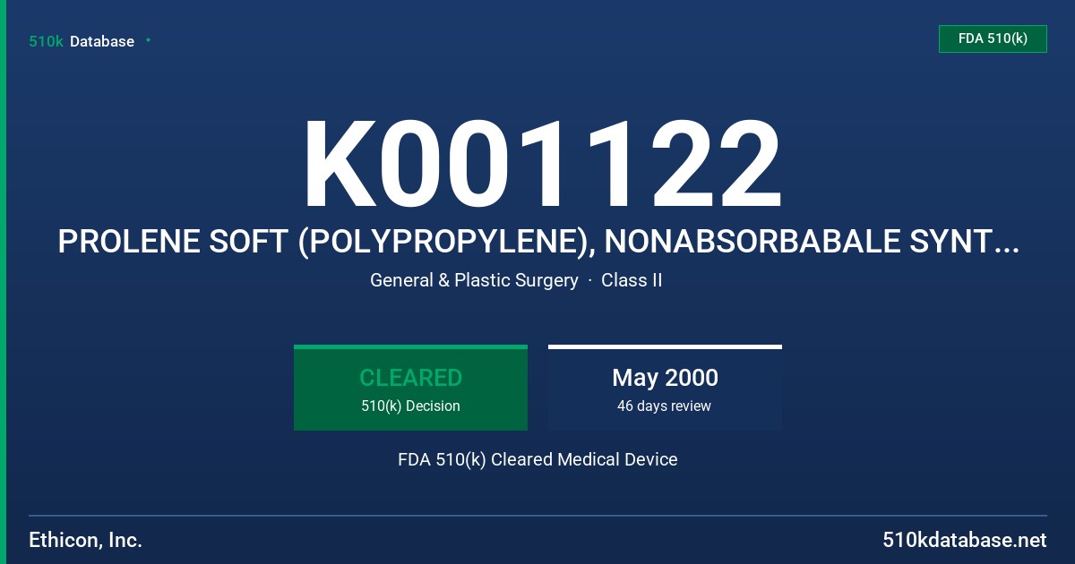 K001122 PROLENE SOFT (POLYPROPYLENE), NONABSORBABALE SYNTHETIC SURGICAL MESH FDA 510(k) Cleared Medical Device