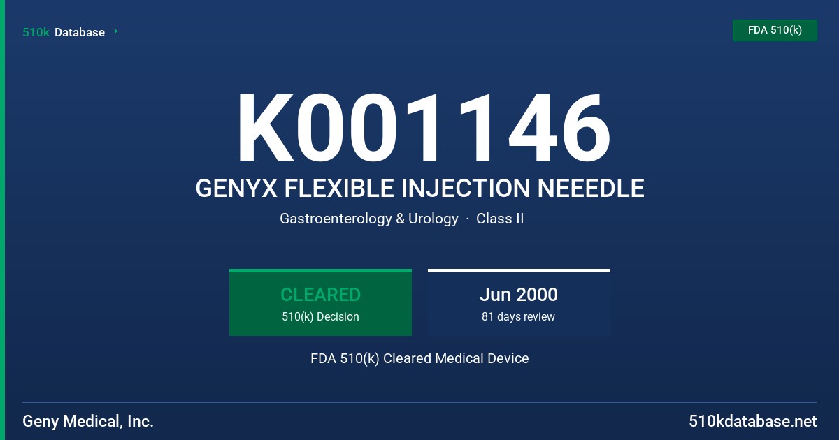K001146 GENYX FLEXIBLE INJECTION NEEEDLE FDA 510(k) Cleared Medical Device