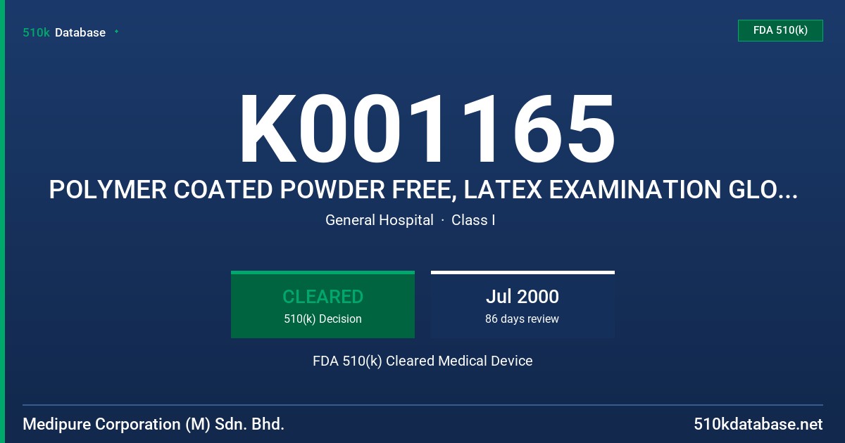 K001165 POLYMER COATED POWDER FREE, LATEX EXAMINATION GLOVES WITH PROTEIN CONTENT LABELING CLAIM (50 MICROGRAMS OR LESS) FDA 510(k) Cleared Medical Device