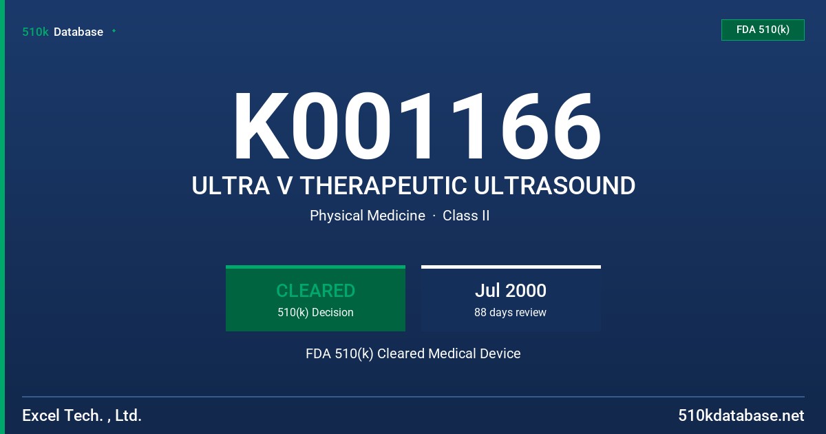K001166 ULTRA V THERAPEUTIC ULTRASOUND FDA 510(k) Cleared Medical Device
