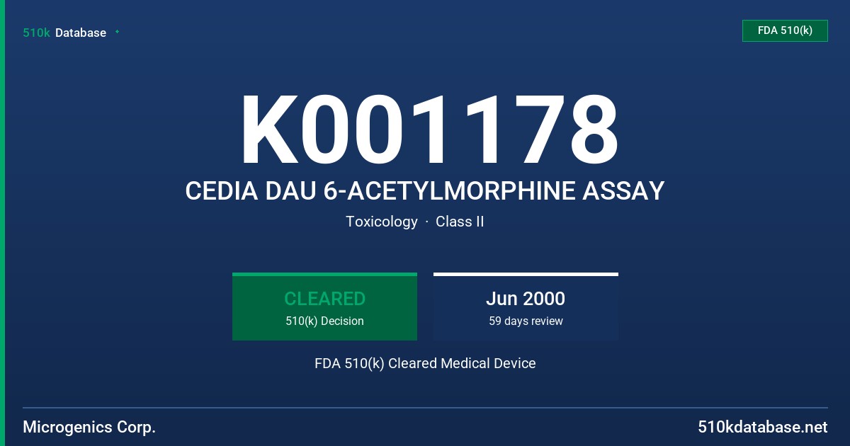 K001178 CEDIA DAU 6-ACETYLMORPHINE ASSAY FDA 510(k) Cleared Medical Device