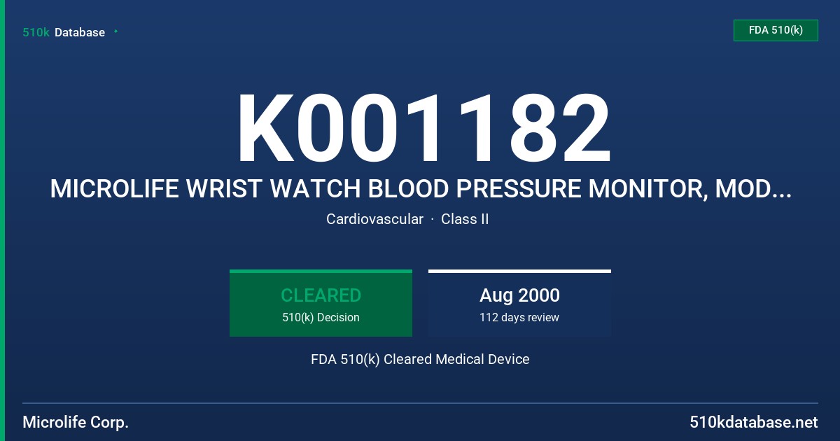K001182 MICROLIFE WRIST WATCH BLOOD PRESSURE MONITOR, MODEL BP-3BU1 FDA 510(k) Cleared Medical Device