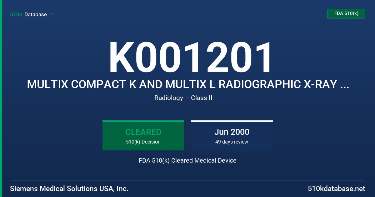 K001201 MULTIX COMPACT K AND MULTIX L RADIOGRAPHIC X-RAY SYSTEMS FDA 510(k) Cleared Medical Device