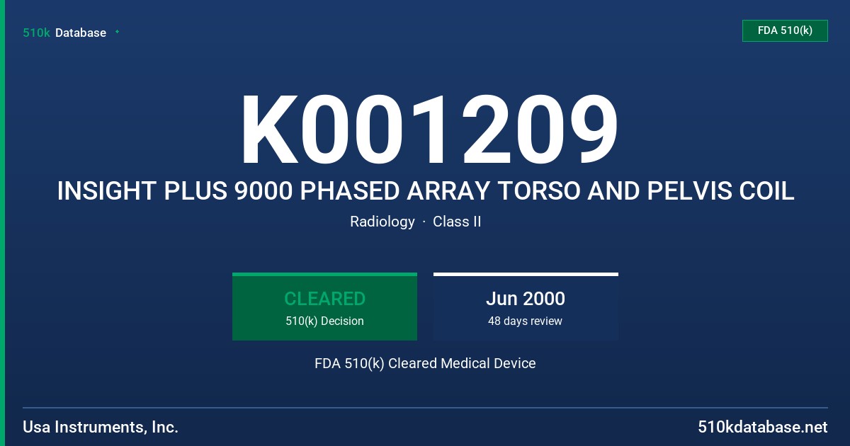 K001209 INSIGHT PLUS 9000 PHASED ARRAY TORSO AND PELVIS COIL FDA 510(k) Cleared Medical Device