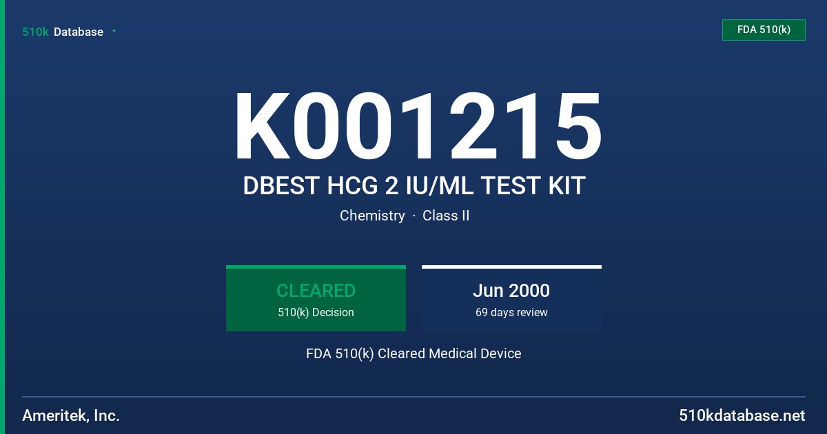 K001215 DBEST HCG 2 IU/ML TEST KIT FDA 510(k) Cleared Medical Device