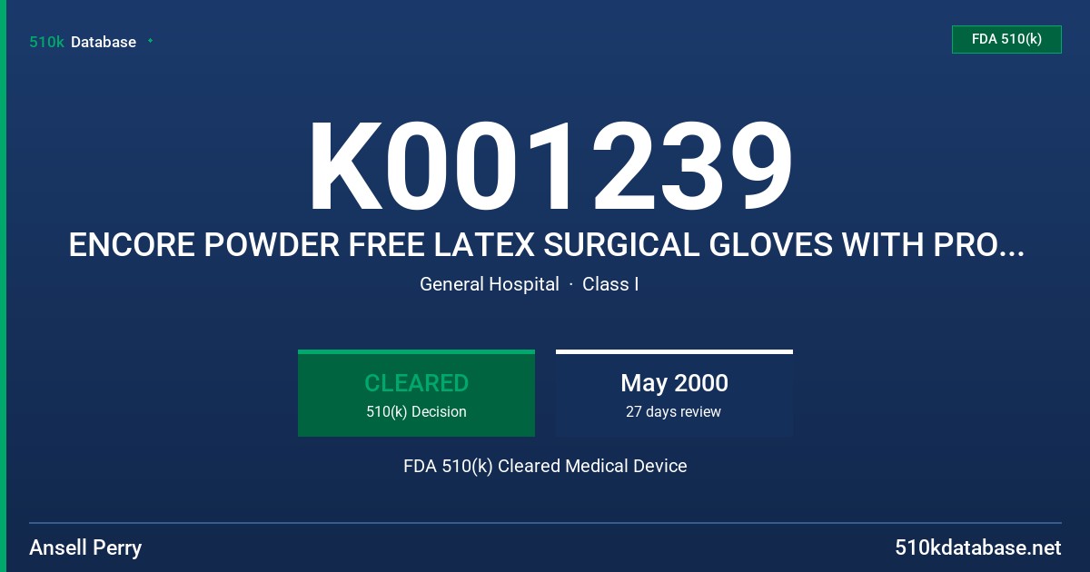 K001239 ENCORE POWDER FREE LATEX SURGICAL GLOVES WITH PROTEIN CONTENT LABELING CLAIM (50 MICROGRAMS OR LESS) FDA 510(k) Cleared Medical Device