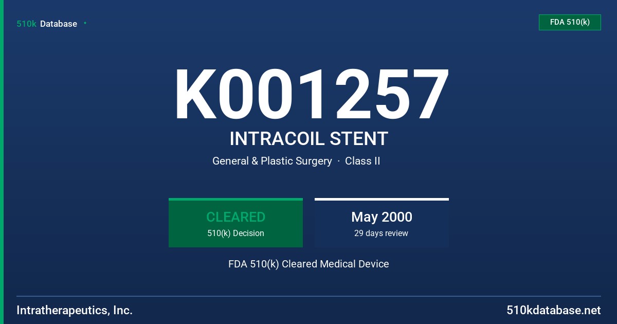 K001257 INTRACOIL STENT FDA 510(k) Cleared Medical Device