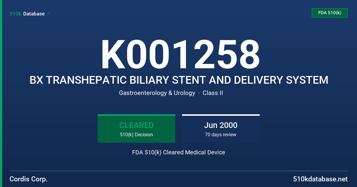 K001258 BX TRANSHEPATIC BILIARY STENT AND DELIVERY SYSTEM FDA 510(k) Cleared Medical Device