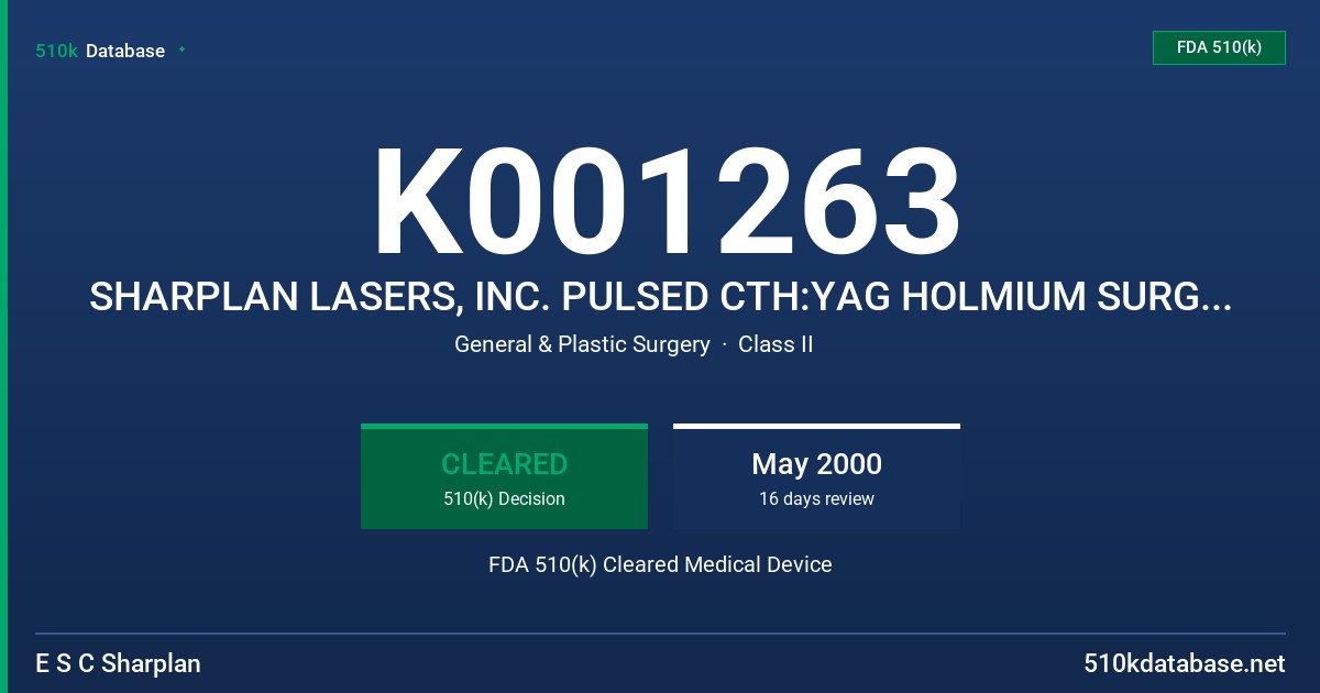 K001263 SHARPLAN LASERS, INC. PULSED CTH:YAG HOLMIUM SURGICAL LASER, MODEL 2040 FDA 510(k) Cleared Medical Device
