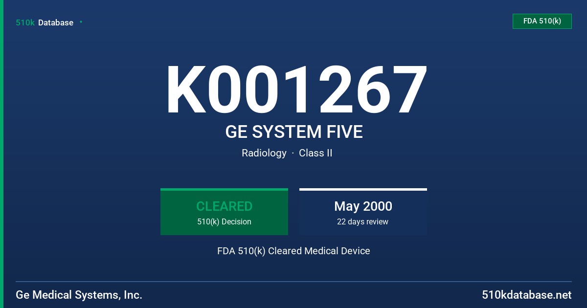 K001267 GE SYSTEM FIVE FDA 510(k) Cleared Medical Device