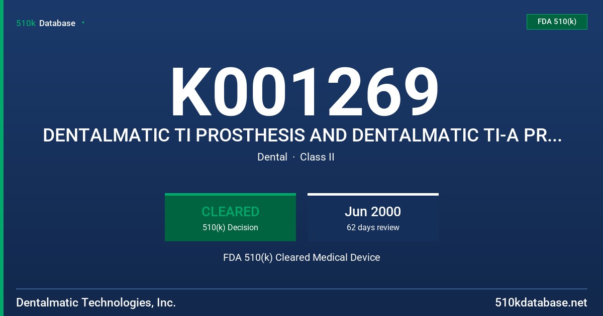 K001269 DENTALMATIC TI PROSTHESIS AND DENTALMATIC TI-A PROSTHETIC FDA 510(k) Cleared Medical Device