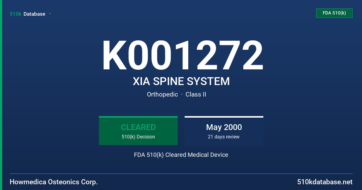 K001272 XIA SPINE SYSTEM FDA 510(k) Cleared Medical Device