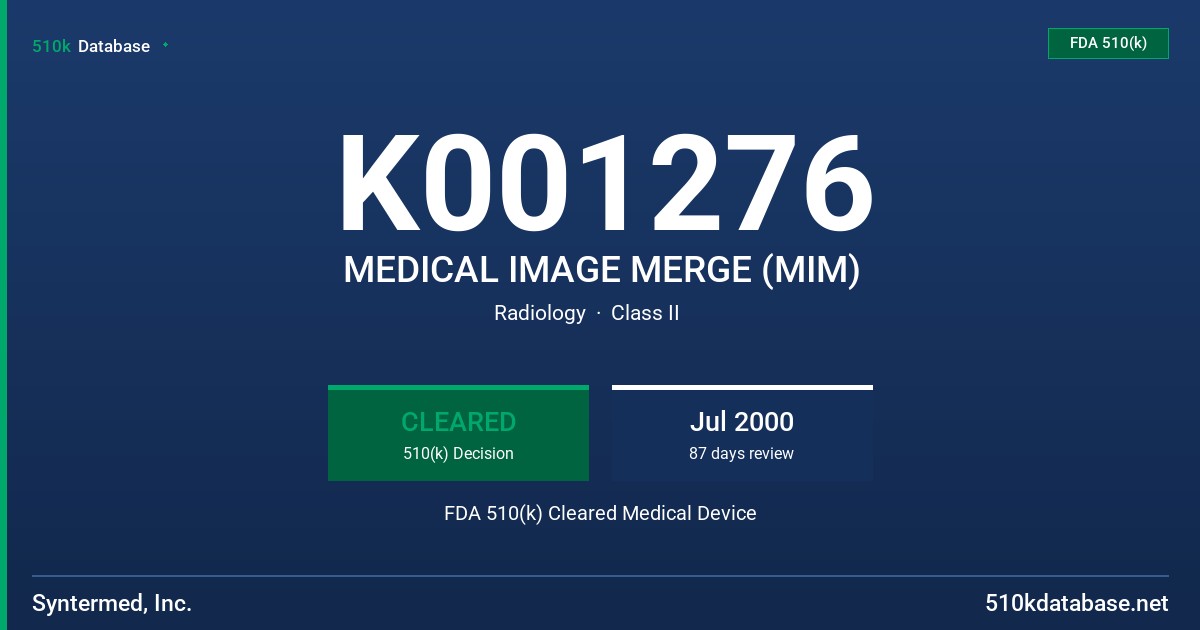 K001276 MEDICAL IMAGE MERGE (MIM) FDA 510(k) Cleared Medical Device