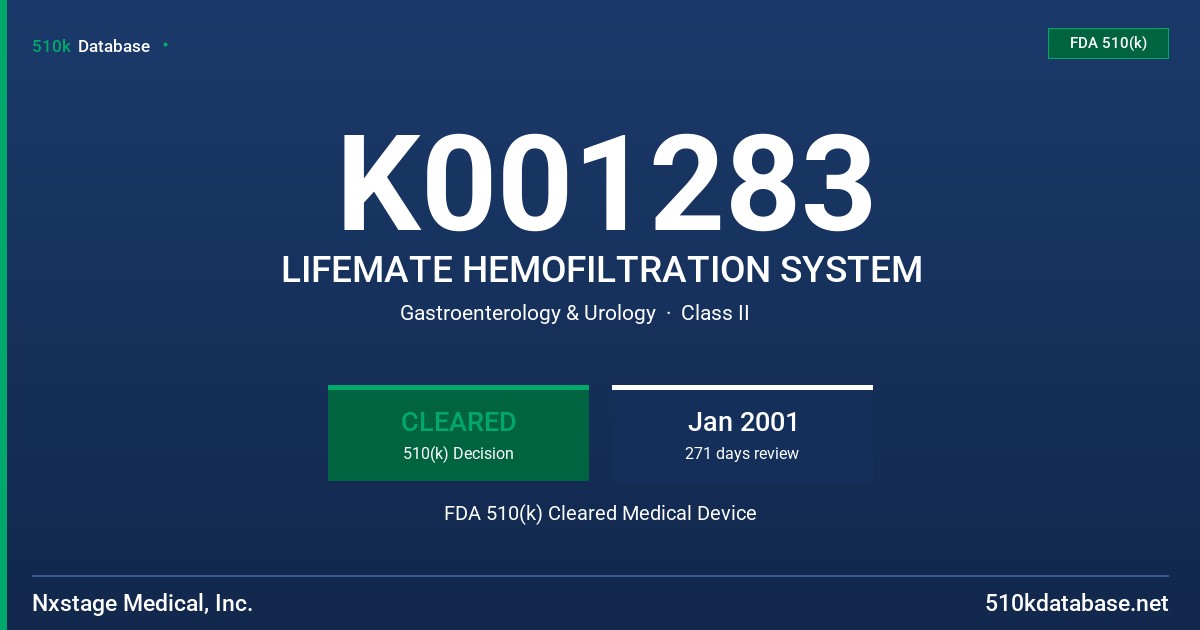 K001283 LIFEMATE HEMOFILTRATION SYSTEM FDA 510(k) Cleared Medical Device