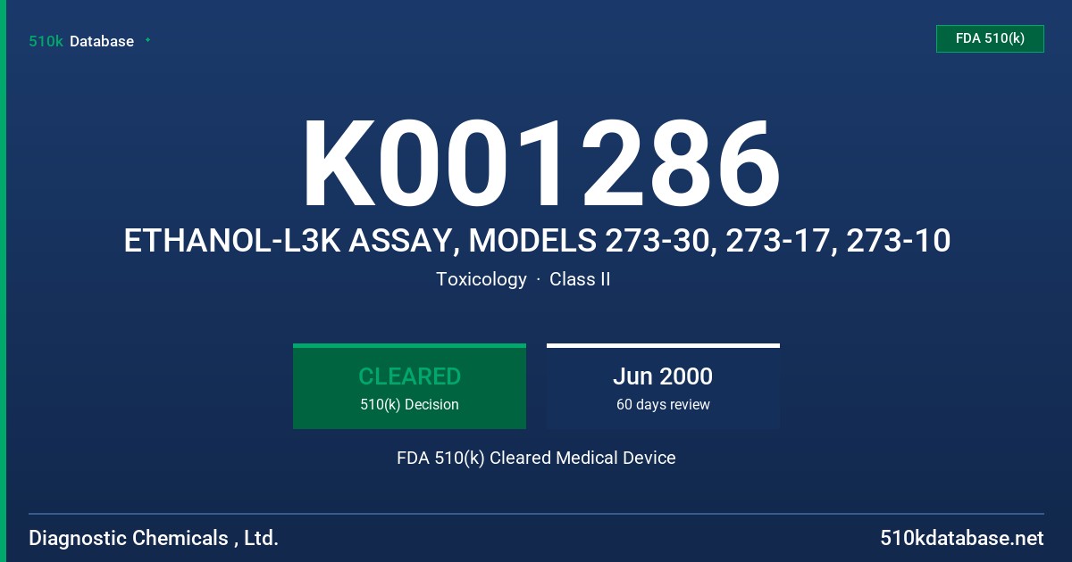 K001286 ETHANOL-L3K ASSAY, MODELS 273-30, 273-17, 273-10 FDA 510(k) Cleared Medical Device