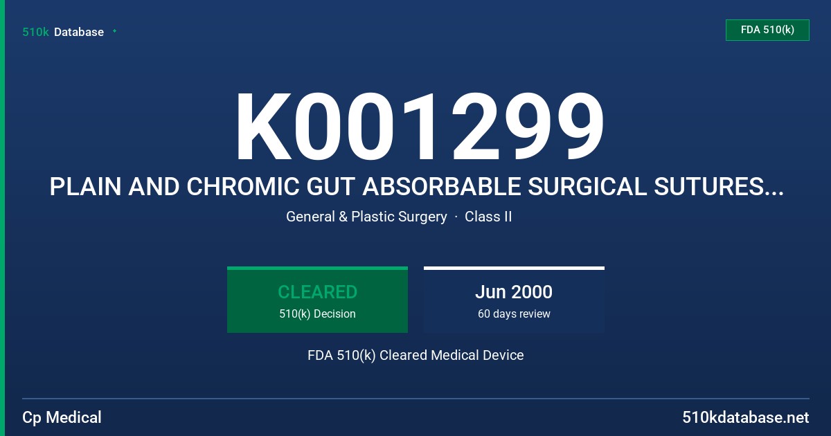 K001299 PLAIN AND CHROMIC GUT ABSORBABLE SURGICAL SUTURES USP FDA 510(k) Cleared Medical Device