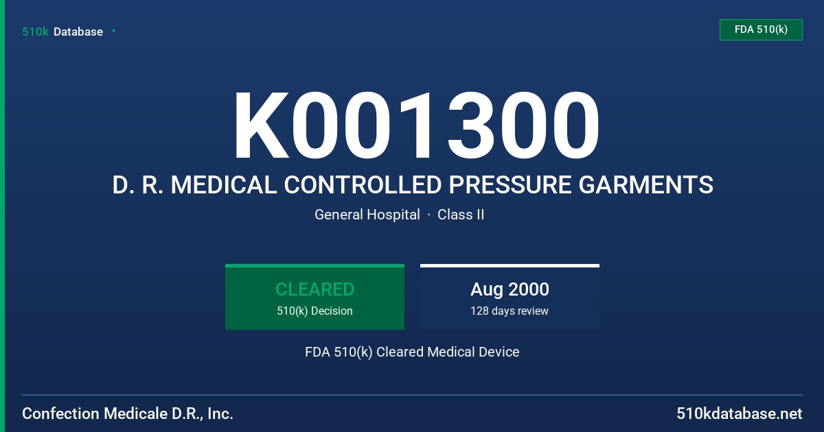 K001300 D. R. MEDICAL CONTROLLED PRESSURE GARMENTS FDA 510(k) Cleared Medical Device