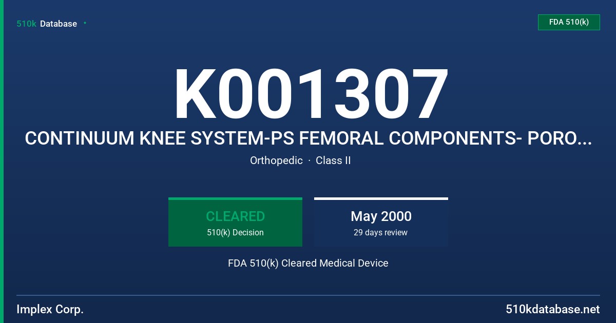 K001307 CONTINUUM KNEE SYSTEM-PS FEMORAL COMPONENTS- POROUS, MODEL XX-YYY-ZZZZZ FDA 510(k) Cleared Medical Device