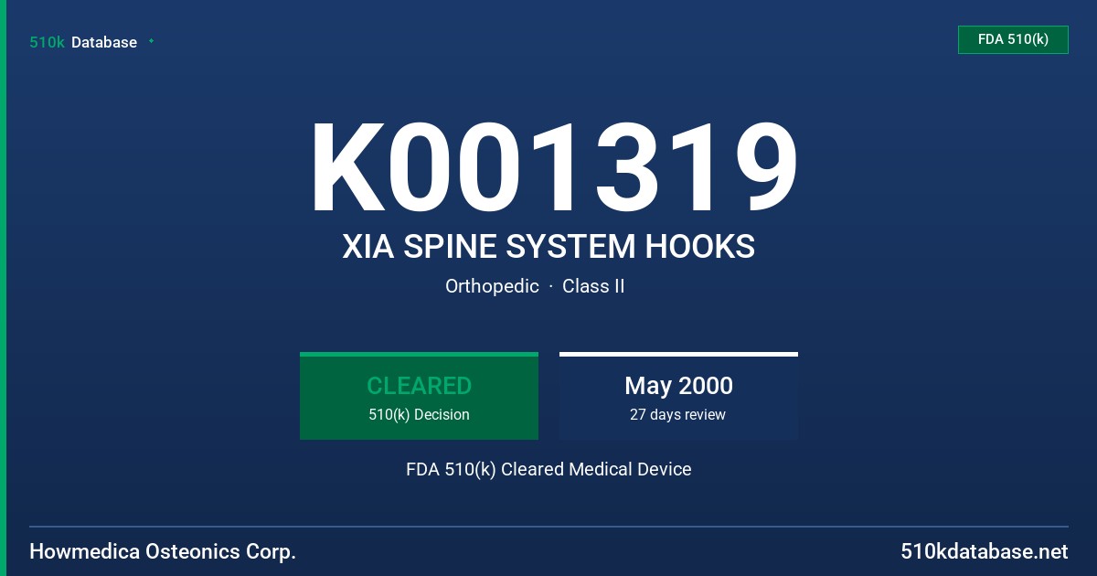 K001319 XIA SPINE SYSTEM HOOKS FDA 510(k) Cleared Medical Device