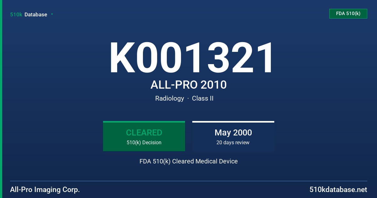 K001321 ALL-PRO 2010 FDA 510(k) Cleared Medical Device
