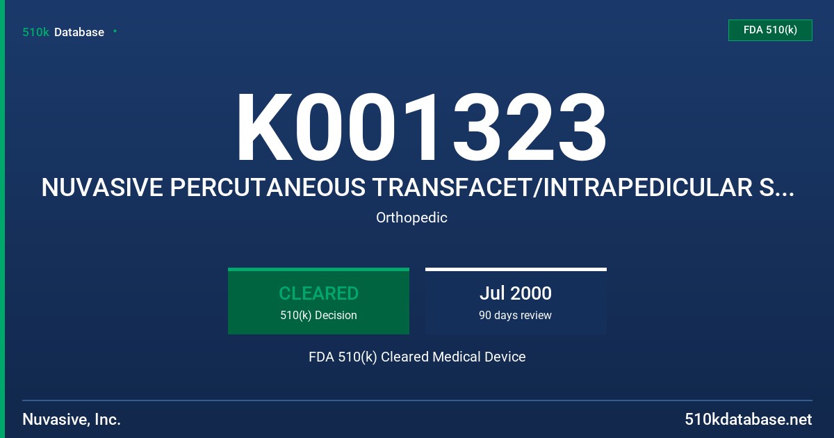 K001323 NUVASIVE PERCUTANEOUS TRANSFACET/INTRAPEDICULAR SCREW FDA 510(k) Cleared Medical Device