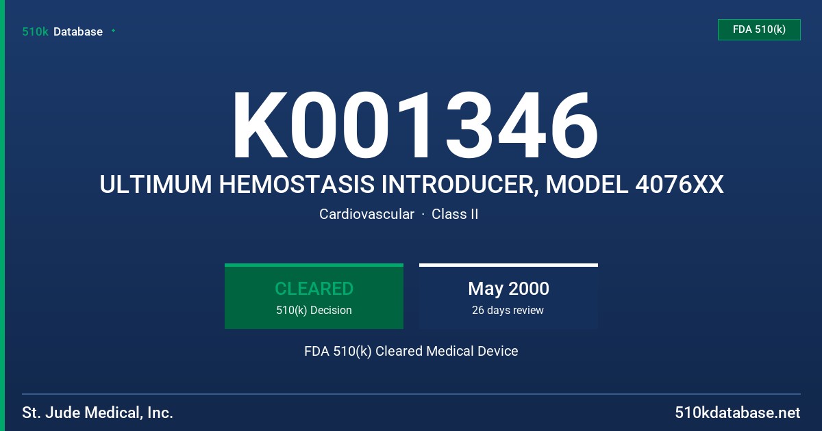 K001346 ULTIMUM HEMOSTASIS INTRODUCER, MODEL 4076XX FDA 510(k) Cleared Medical Device