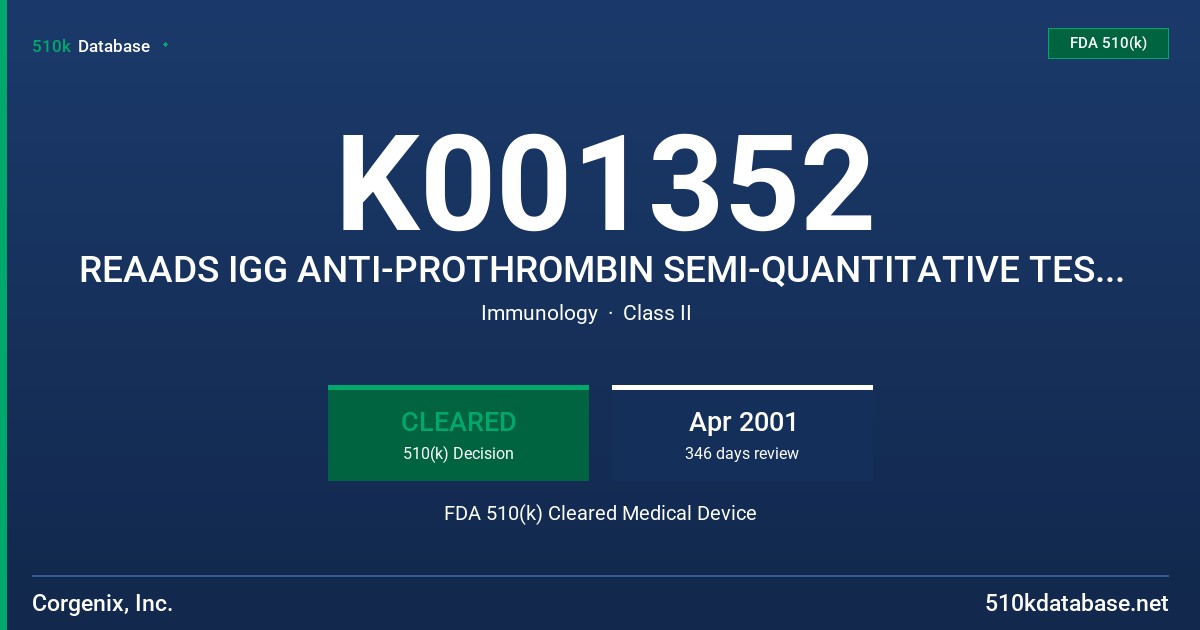 K001352 REAADS IGG ANTI-PROTHROMBIN SEMI-QUANTITATIVE TEST KIT FDA 510(k) Cleared Medical Device
