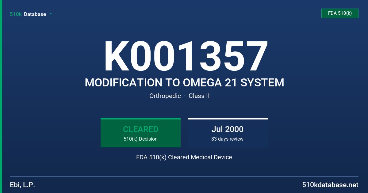 K001357 MODIFICATION TO OMEGA 21 SYSTEM FDA 510(k) Cleared Medical Device