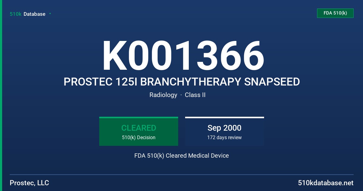 K001366 PROSTEC 125I BRANCHYTHERAPY SNAPSEED FDA 510(k) Cleared Medical Device