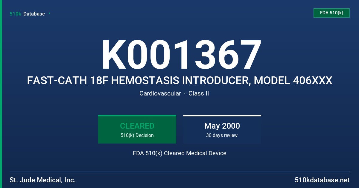 K001367 FAST-CATH 18F HEMOSTASIS INTRODUCER, MODEL 406XXX FDA 510(k) Cleared Medical Device