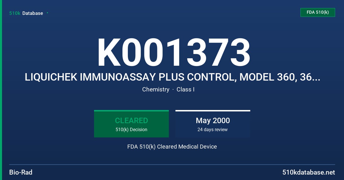 K001373 LIQUICHEK IMMUNOASSAY PLUS CONTROL, MODEL 360, 361, 362, 363 FDA 510(k) Cleared Medical Device
