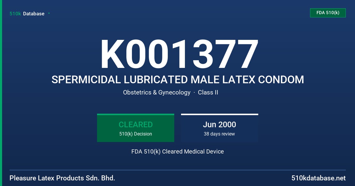 K001377 SPERMICIDAL LUBRICATED MALE LATEX CONDOM FDA 510(k) Cleared Medical Device