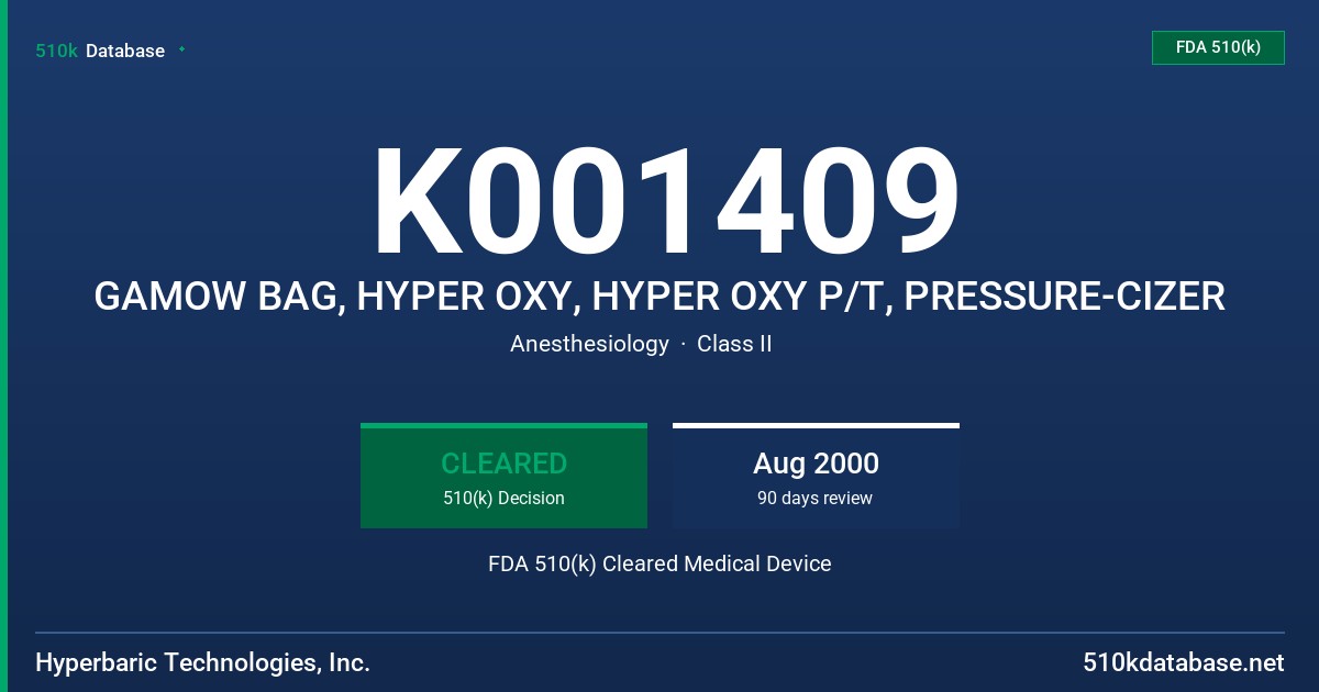 K001409 GAMOW BAG, HYPER OXY, HYPER OXY P/T, PRESSURE-CIZER FDA 510(k) Cleared Medical Device