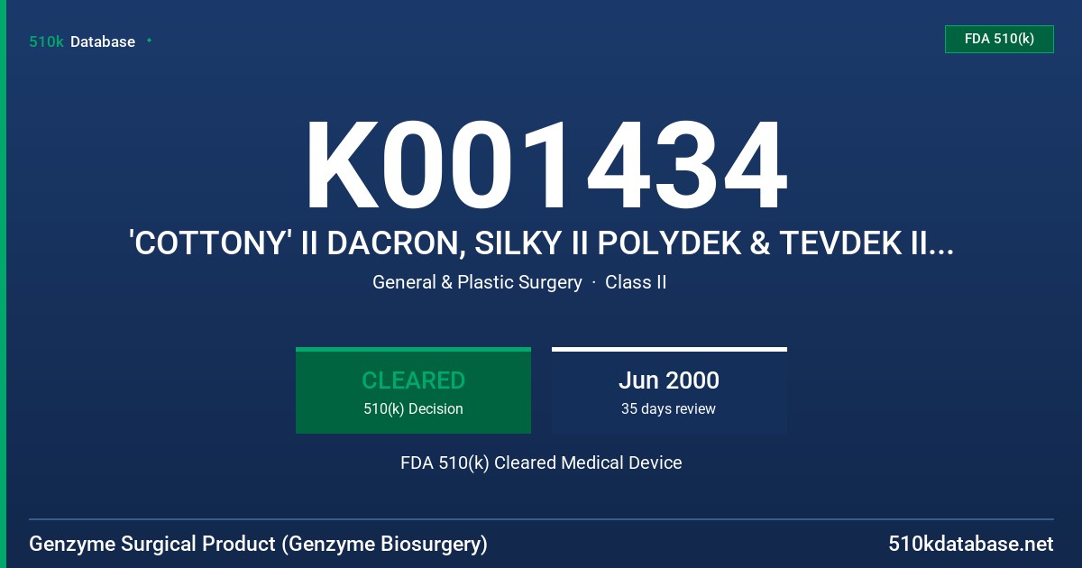 K001434 'COTTONY' II DACRON, SILKY II POLYDEK & TEVDEK II POLYESTER NONABSORBABLE SURGICAL SUTURE FDA 510(k) Cleared Medical Device