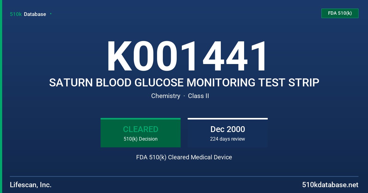 K001441 SATURN BLOOD GLUCOSE MONITORING TEST STRIP FDA 510(k) Cleared Medical Device