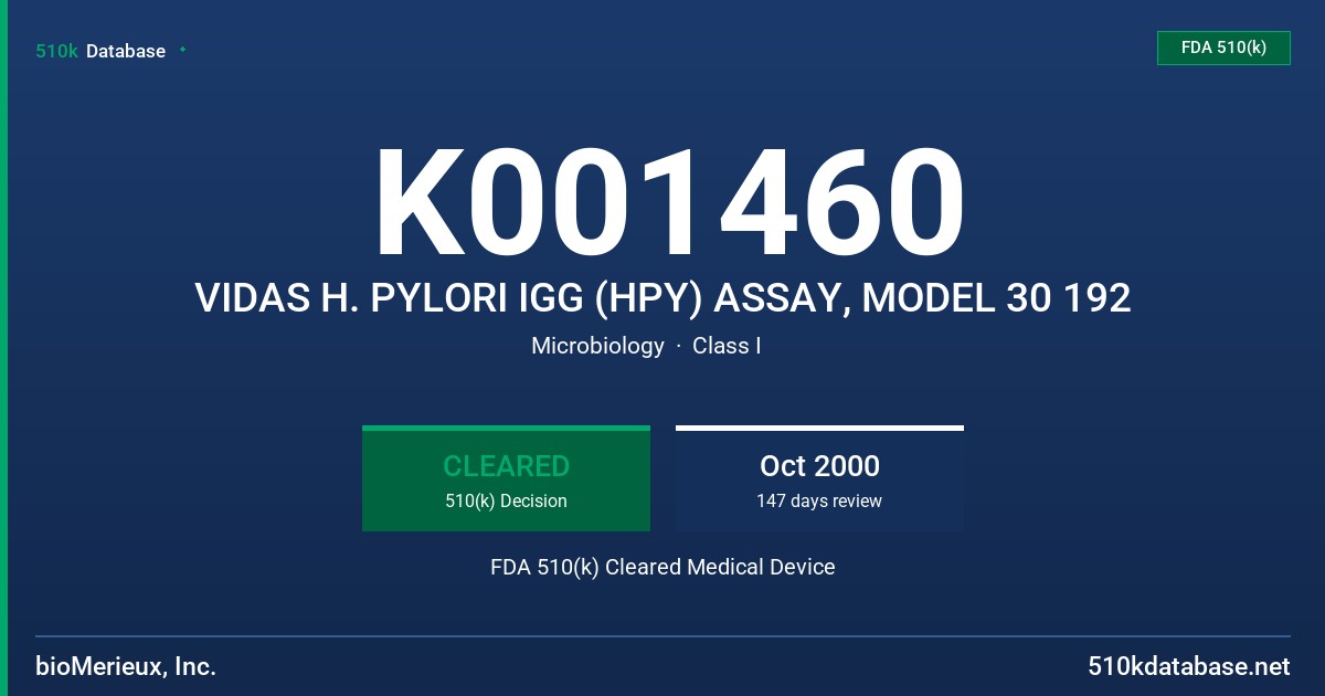 K001460 VIDAS H. PYLORI IGG (HPY) ASSAY, MODEL 30 192 FDA 510(k) Cleared Medical Device