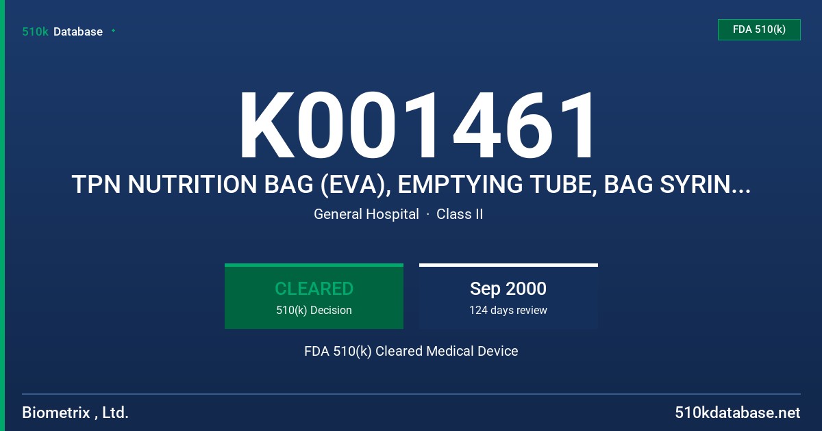 K001461 TPN NUTRITION BAG (EVA), EMPTYING TUBE, BAG SYRINGE FILL SET FDA 510(k) Cleared Medical Device