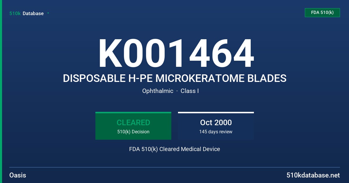 K001464 DISPOSABLE H-PE MICROKERATOME BLADES FDA 510(k) Cleared Medical Device