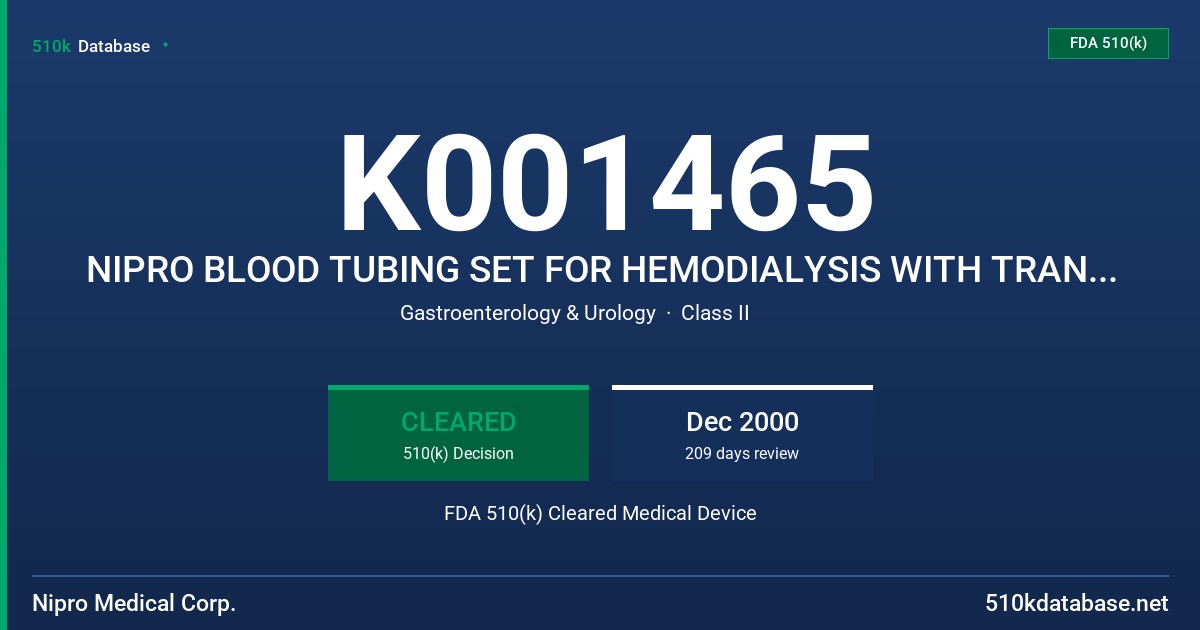 K001465 NIPRO BLOOD TUBING SET FOR HEMODIALYSIS WITH TRANSDUCER PROTECTORS AND PRIMING SET FDA 510(k) Cleared Medical Device