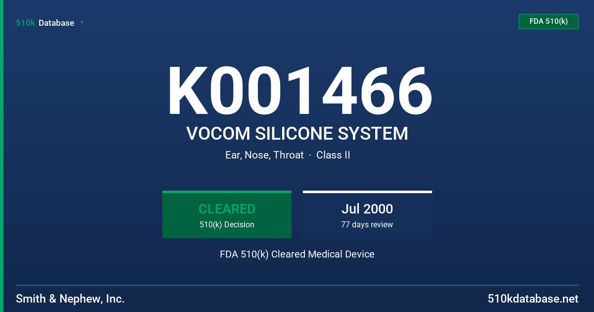 K001466 VOCOM SILICONE SYSTEM FDA 510(k) Cleared Medical Device
