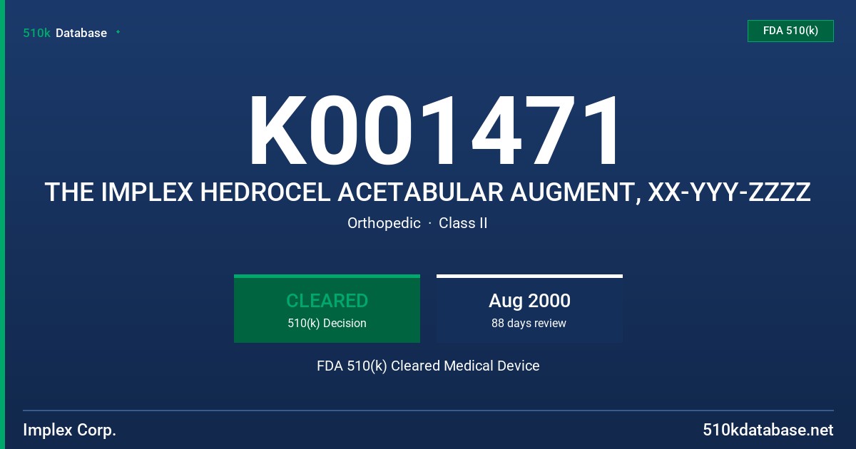 K001471 THE IMPLEX HEDROCEL ACETABULAR AUGMENT, XX-YYY-ZZZZ FDA 510(k) Cleared Medical Device