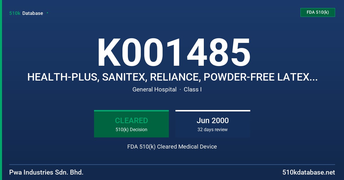 K001485 HEALTH-PLUS, SANITEX, RELIANCE, POWDER-FREE LATEX EXAMINATION GLOVES FDA 510(k) Cleared Medical Device