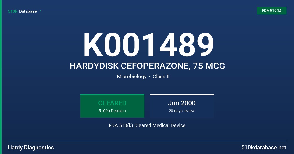 K001489 HARDYDISK CEFOPERAZONE, 75 MCG FDA 510(k) Cleared Medical Device