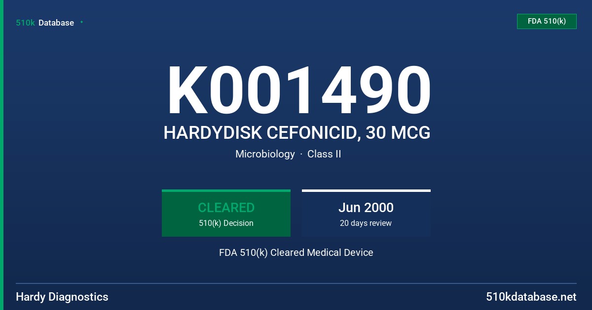 K001490 HARDYDISK CEFONICID, 30 MCG FDA 510(k) Cleared Medical Device