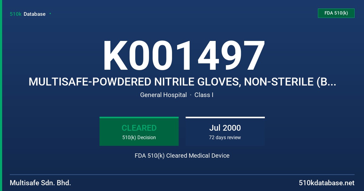 K001497 MULTISAFE-POWDERED NITRILE GLOVES, NON-STERILE (BLUE) FDA 510(k) Cleared Medical Device