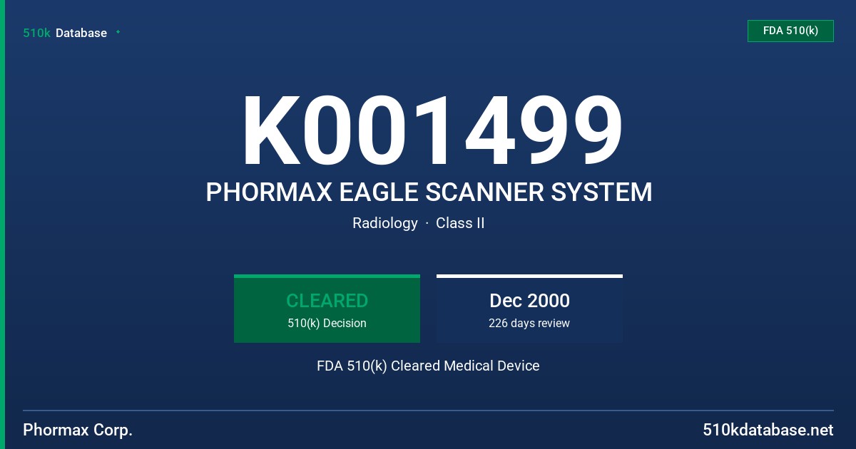 K001499 PHORMAX EAGLE SCANNER SYSTEM FDA 510(k) Cleared Medical Device