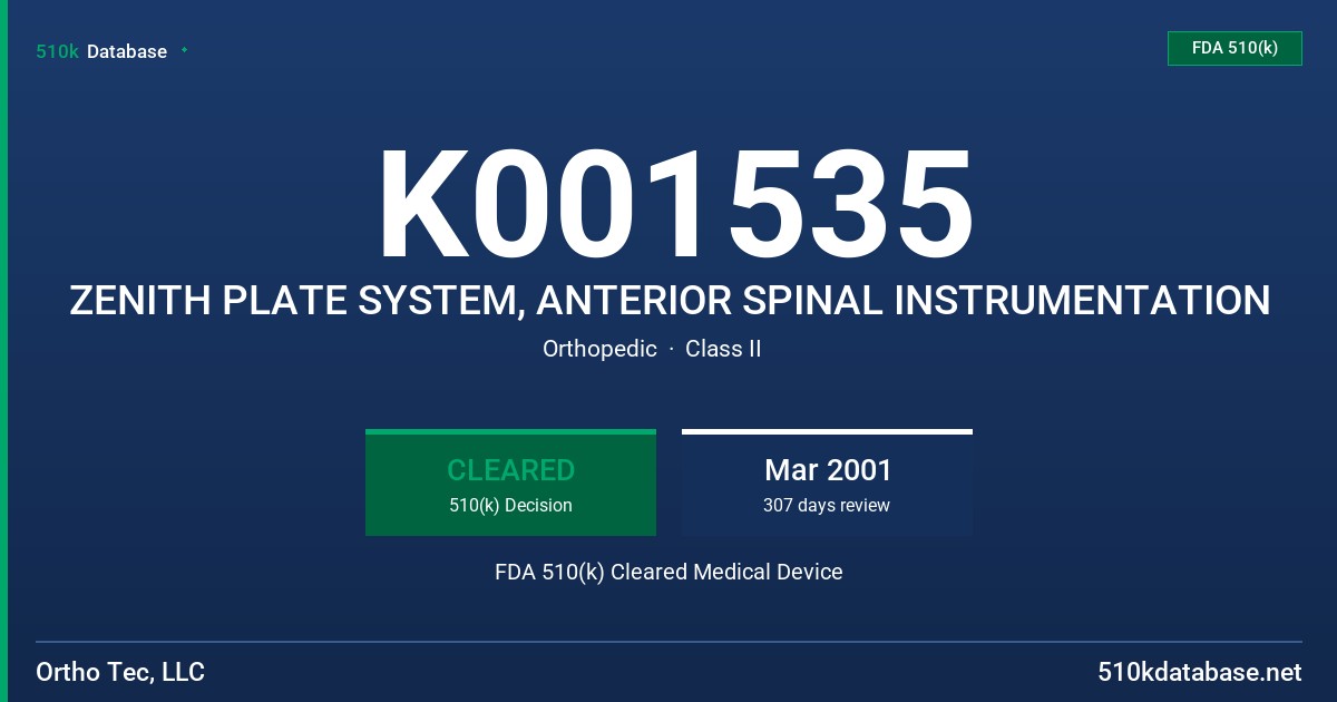 K001535 ZENITH PLATE SYSTEM, ANTERIOR SPINAL INSTRUMENTATION FDA 510(k) Cleared Medical Device