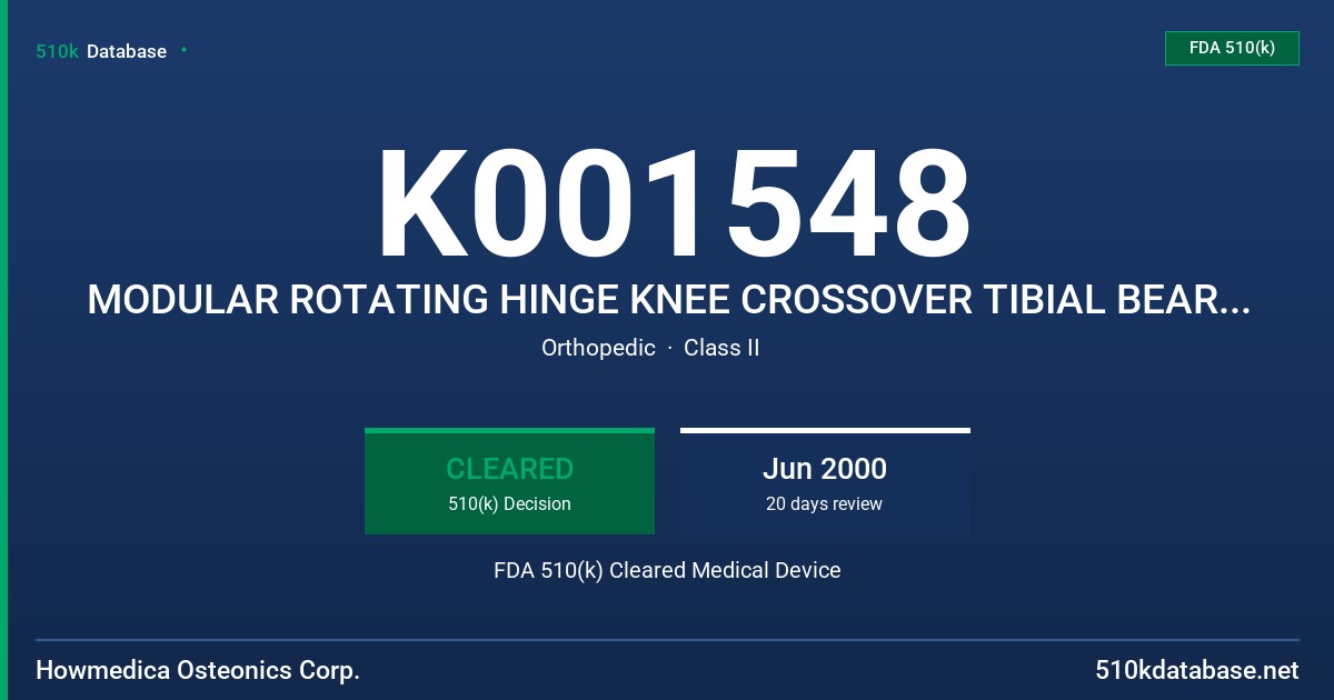 K001548 MODULAR ROTATING HINGE KNEE CROSSOVER TIBIAL BEARING COMPONENTS FDA 510(k) Cleared Medical Device